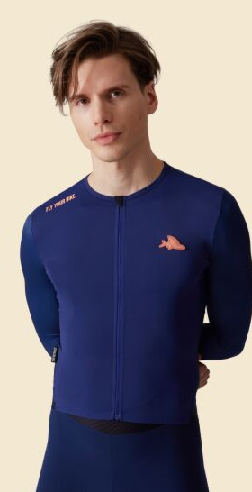 A man wearing navy superlight cycling jersey