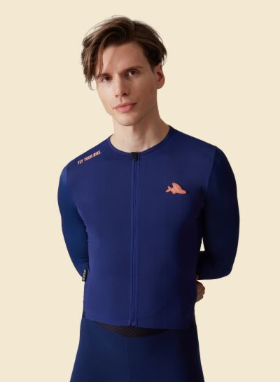 A man wearing navy superlight cycling jersey
