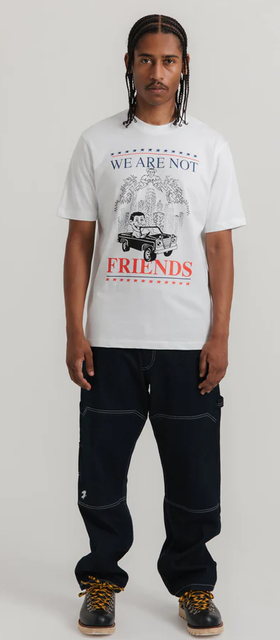 A man wearing white carcetti 4 president tee