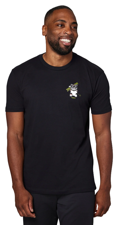 A man wearing black catskiing t-shirt