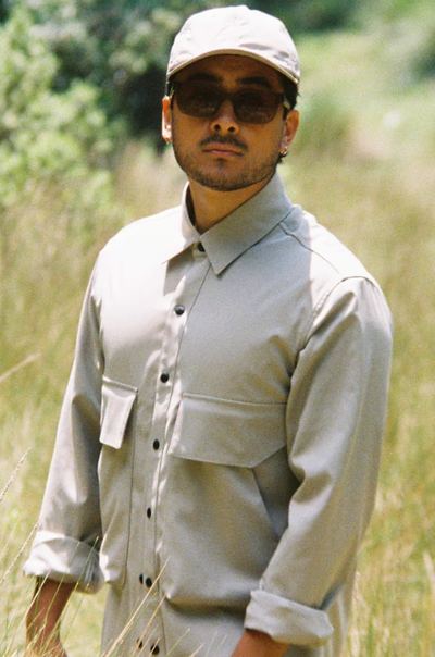 A man wearing hoffman shirt- beige [flexi-shield]