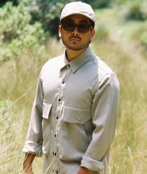 A man wearing hoffman shirt- beige [flexi-shield]