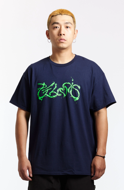 A man wearing pelvis chaos dragon navy t-shirt