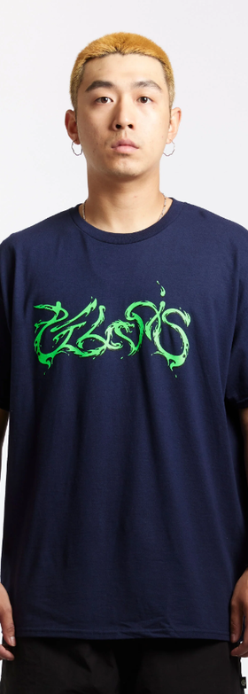 A man wearing pelvis chaos dragon navy t-shirt