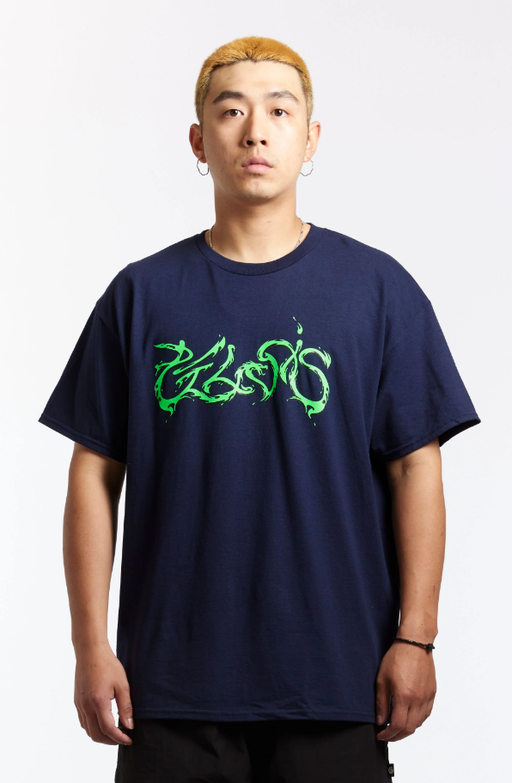 A man wearing pelvis chaos dragon navy t-shirt