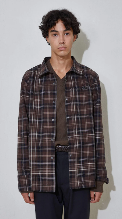 A man wearing L'Homme Rouge's overshirt check
