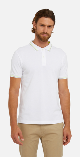 A man wearing white polo shirt