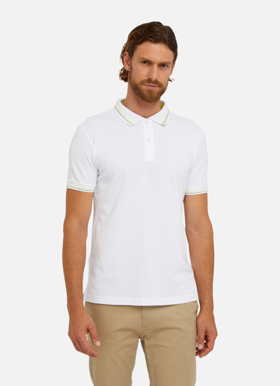 A man wearing white polo shirt