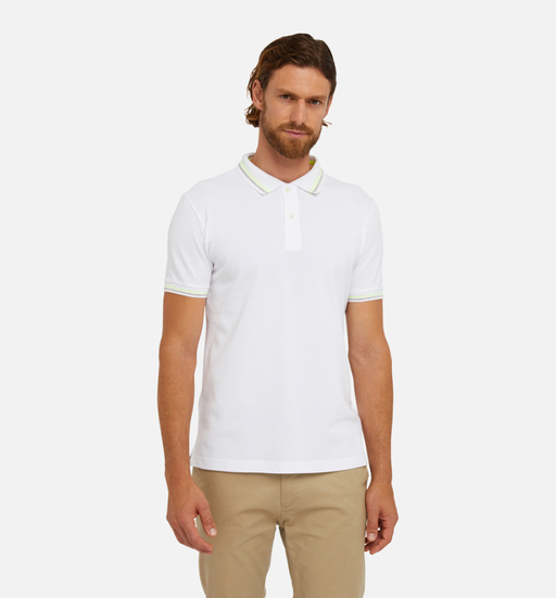 A man wearing white polo shirt