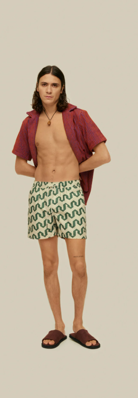 A man wearing a OAS atlas swim shorts