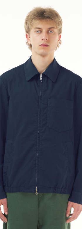 A man wearing coat zaleto mariol navy shirt by Barena Venezia