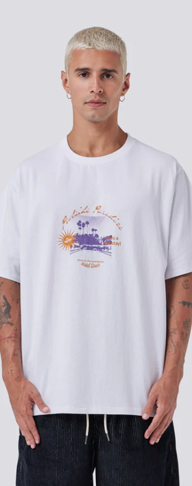 A man wearing paradise homie tee by Barney Cools in white