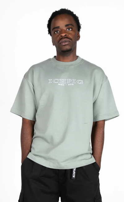 A man wearing heavyweight embroidery ICHPIG tee in grey