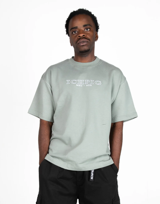 A man wearing heavyweight embroidery ICHPIG tee in grey