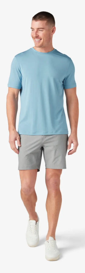 A man wearing dusty blue knox t-shirt by Mizzen+Main