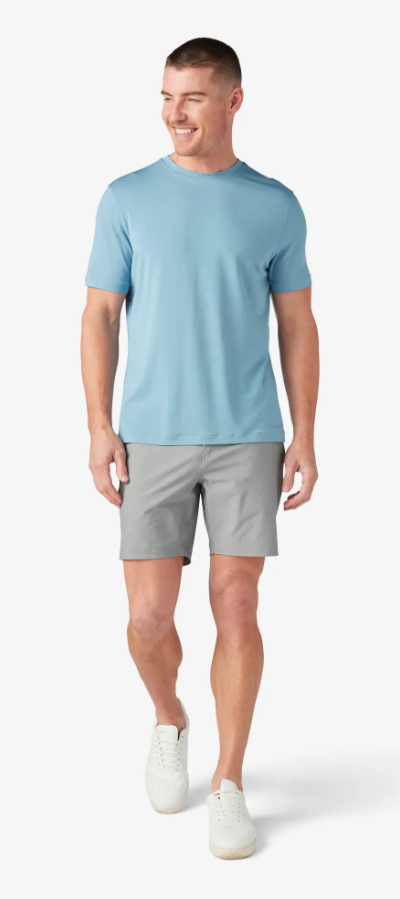 A man wearing dusty blue knox t-shirt by Mizzen+Main