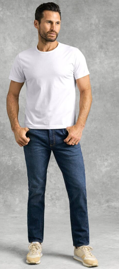 A man wearing white japanese cotton crewneck t-shirt in white by Proper Cloth