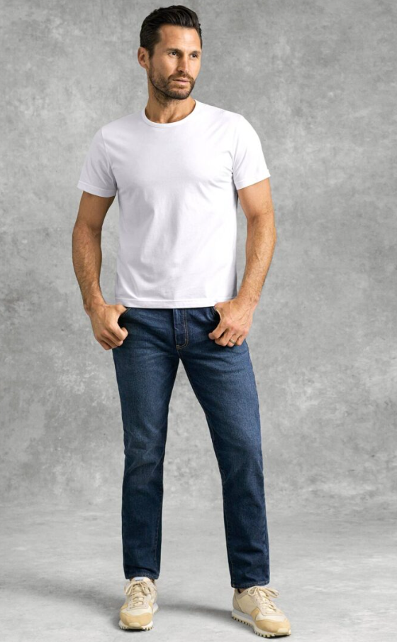 A man wearing white japanese cotton crewneck t-shirt in white by Proper Cloth