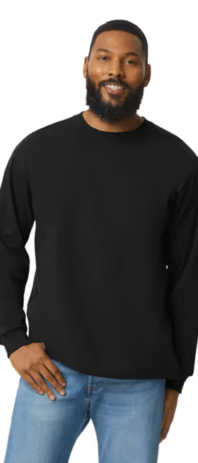 A man wearing a Gildan black long sleeve t-shirt