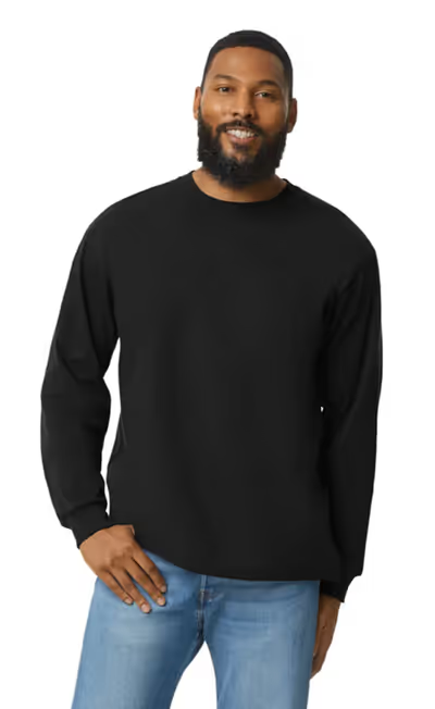 A man wearing a Gildan black long sleeve t-shirt