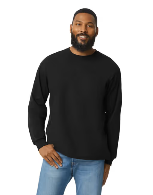 A man wearing a Gildan black long sleeve t-shirt