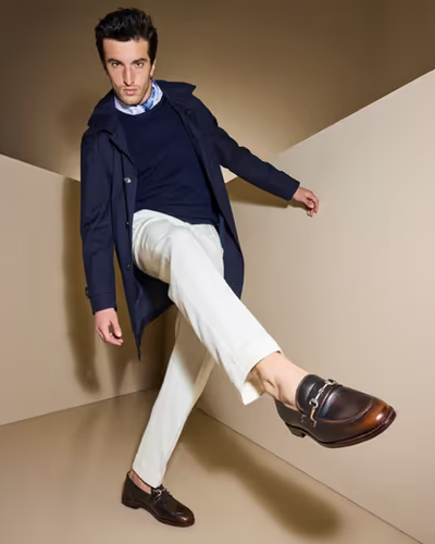 A man wearing a Allen Edmonds randolph bit loafer