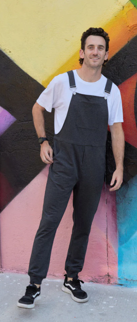 A man wearing a Swoveralls' swoveralls - dark athletic grey