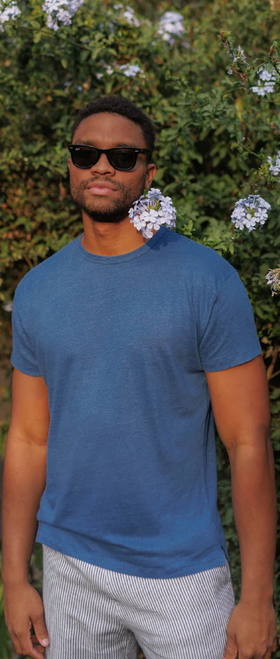 A man wearing a Alex Crane sun tee / deep ocean
