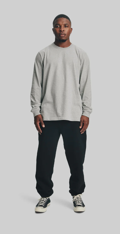 A man wearing a House of Blanks heather grey heavyweight l/s t-shirt