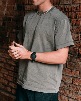 A man wearing a Minted New York vintage wash basics tee