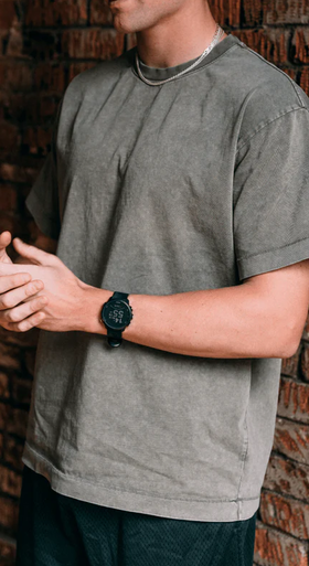 A man wearing a Minted New York vintage wash basics tee