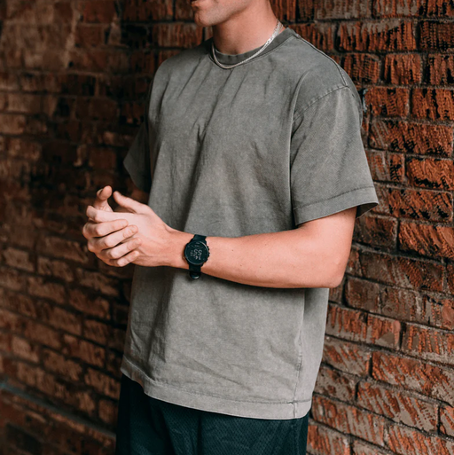 A man wearing a Minted New York vintage wash basics tee