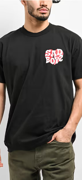 A man wearing a Empyre sad boyz by junior h heart black t-shirt
