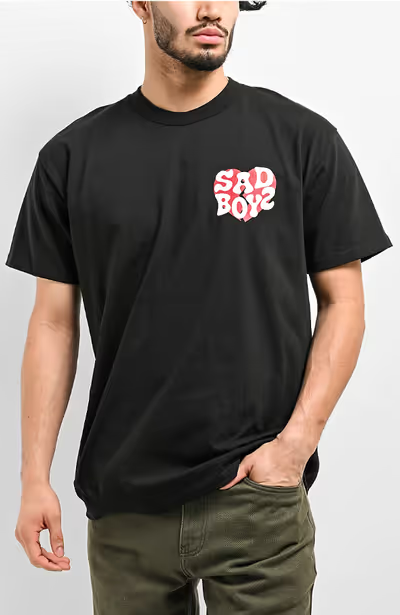 A man wearing a Empyre sad boyz by junior h heart black t-shirt