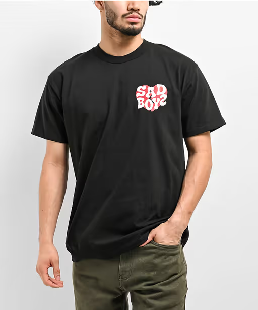 A man wearing a Empyre sad boyz by junior h heart black t-shirt
