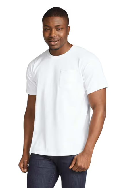 A man wearing a Comfort Colors white heavyweight pocket tee
