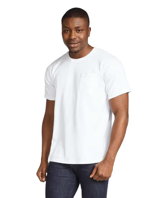 A man wearing a Comfort Colors white heavyweight pocket tee