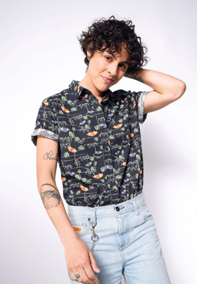 A woman wearing Wildfang the boxtrolls© button up by laika x wildfang