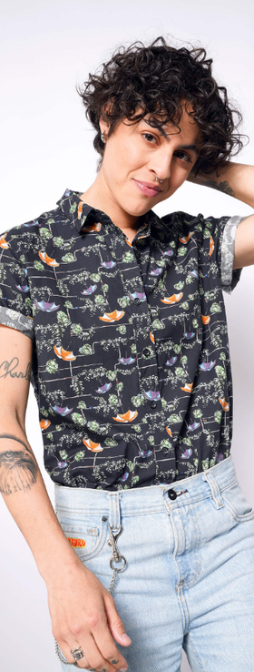 A woman wearing Wildfang the boxtrolls© button up by laika x wildfang