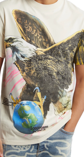 A man wearing Jugrnaut icecream fear of a rich planet s/s knit antique white