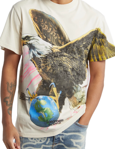 A man wearing Jugrnaut icecream fear of a rich planet s/s knit antique white