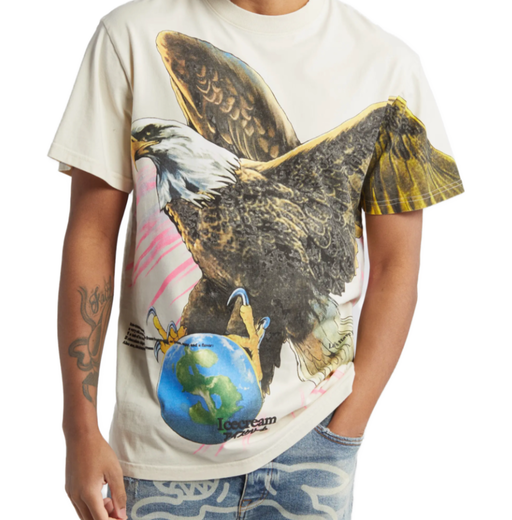 A man wearing Jugrnaut icecream fear of a rich planet s/s knit antique white