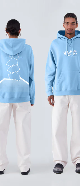 A couple wearing OBJECTS IV LIFE pop blue balance print hoodie