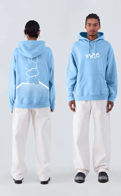 A couple wearing OBJECTS IV LIFE pop blue balance print hoodie