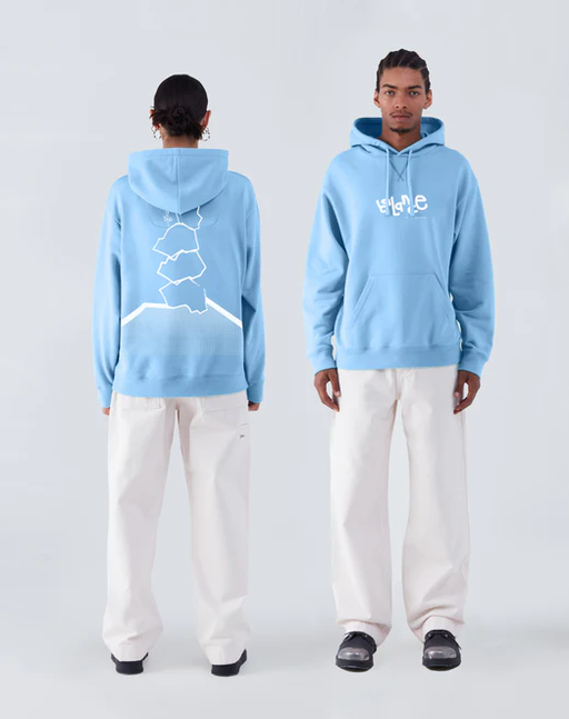 A couple wearing OBJECTS IV LIFE pop blue balance print hoodie