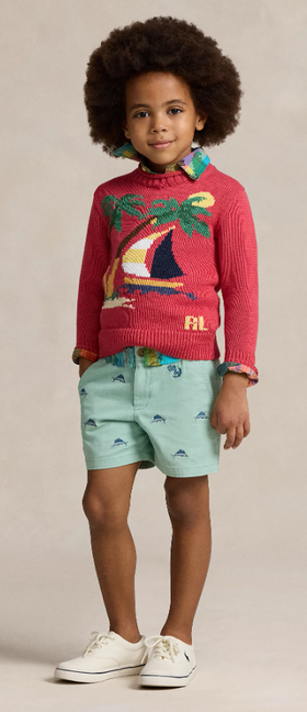 A boy wearing Ralph Lauren Kids sailboat cotton sweater