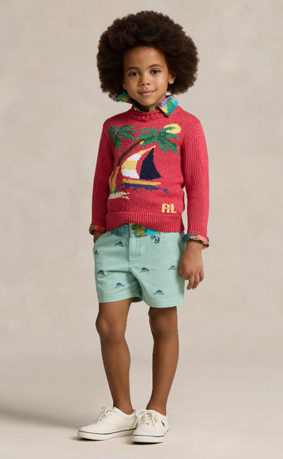 A boy wearing Ralph Lauren Kids sailboat cotton sweater
