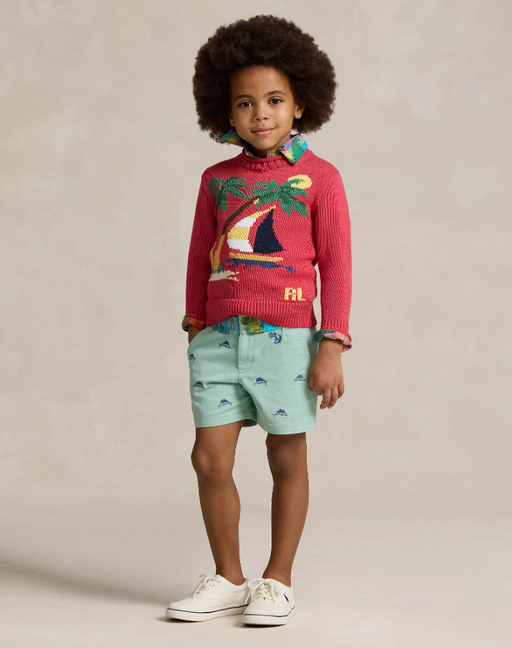 A boy wearing Ralph Lauren Kids sailboat cotton sweater