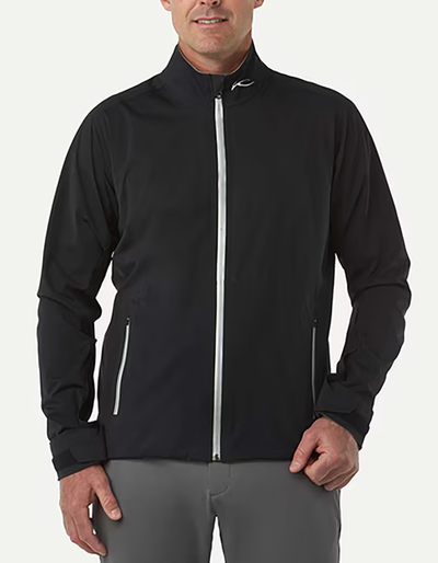 A man wearing Kjus black gemini jacket
