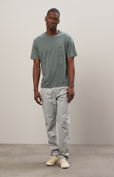 A man wearing Hartford olive green slub jersey tee shirt